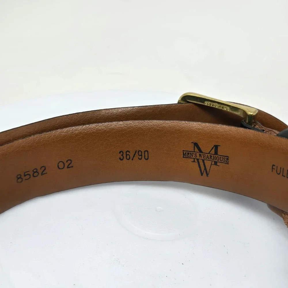 Mens Wearhouse Black Full Grain Italian Leather‎ Belt Solid Brass Buckle 36/90
